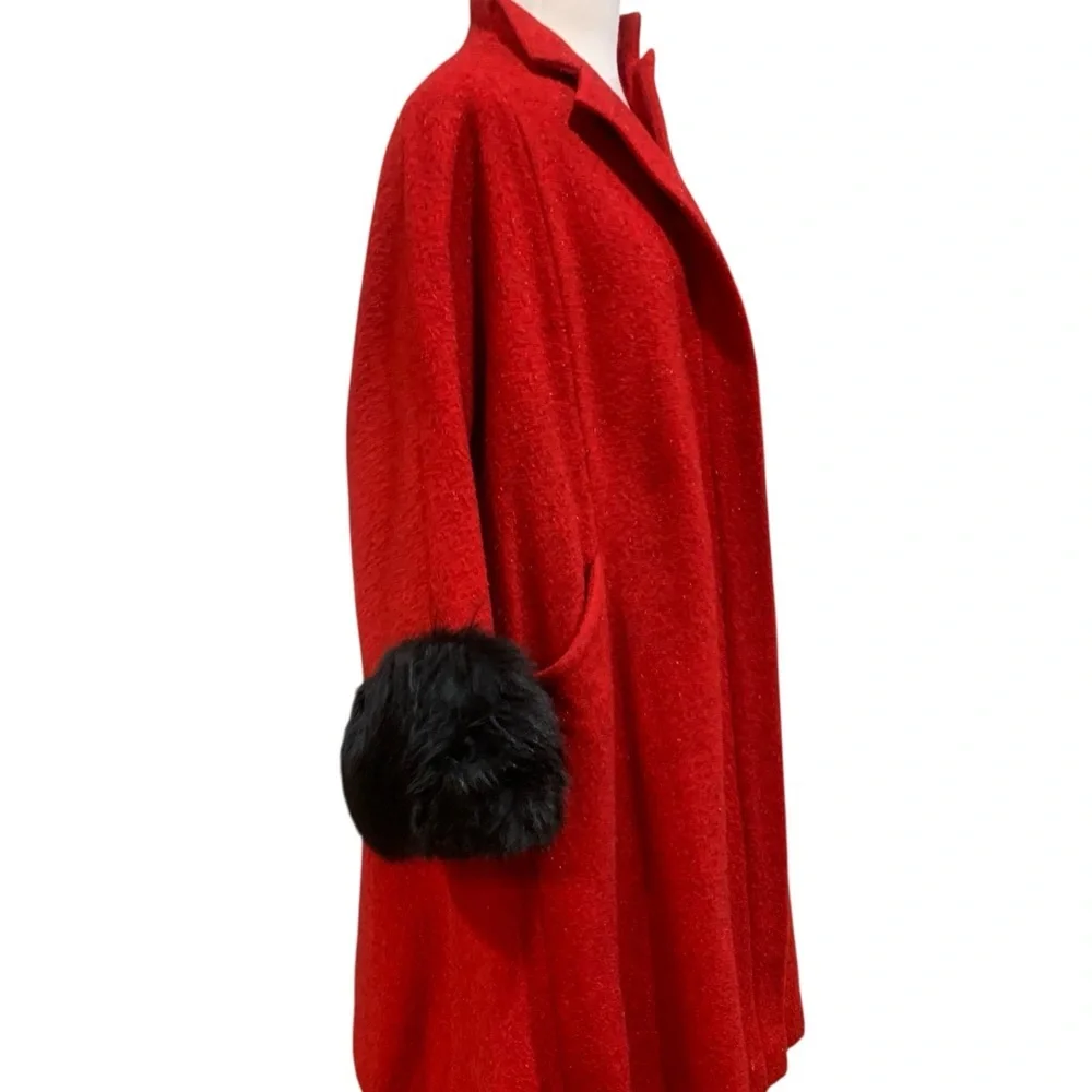 Vntg 50’s Volup Lilli Ann Red wool Coat with Black Fur Trim size XL - Picture 8 of 11